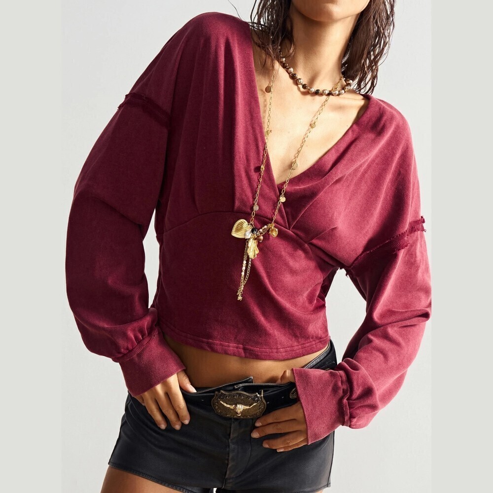 Burgundy Deep V Neck Raw Edge Seam Cropped Sweatshirt